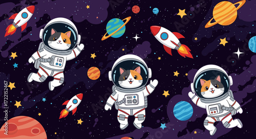 Cute cartoon astronaut cats explore space with rockets planets and stars Fun adventure education