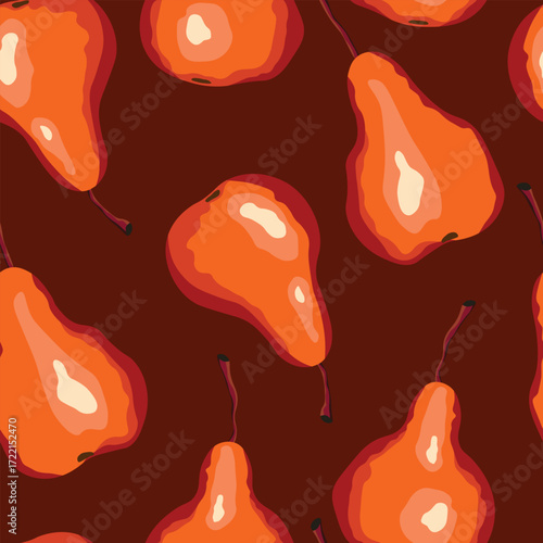 Seamless pattern with pear on color background. Natural delicious fresh ripe tasty fruit. Sweet pears with leaves. Food concept. Vector illustration for print, fabric, textile.