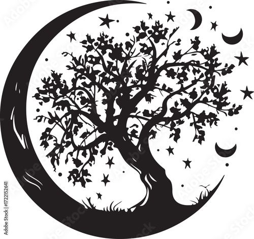 Mystical crescent moon embraces a silhouette tree with stars and galaxies silhouette