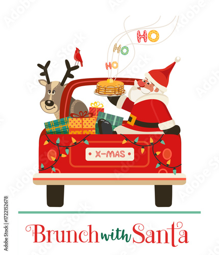 Brunch with Santa Funny Festive event vector poster. Cute Santa deliver pancakes in red truck. Fun breakfast Christmas kids enjoy. New Year eve festive menu invitation background cartoon illustration