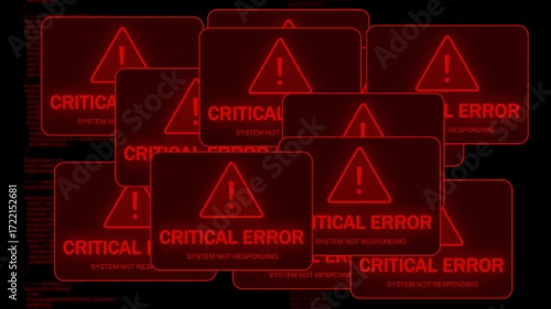 Critical error system crash animation with multiple red warning popups, pixel grid, and glitch effect. Hacking screen style, computer crash, system not responding, error alert, cyber attack failure.