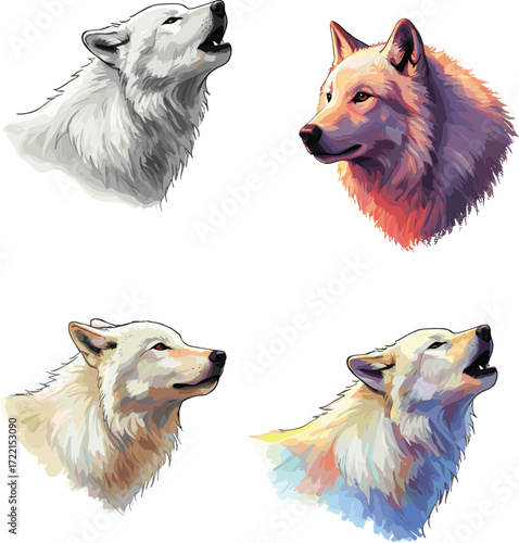 Artistic wolf illustration set, colorful and realistic styles, expressive animal portraits, howling and calm poses, nature sketch, character design, wildlife drawing