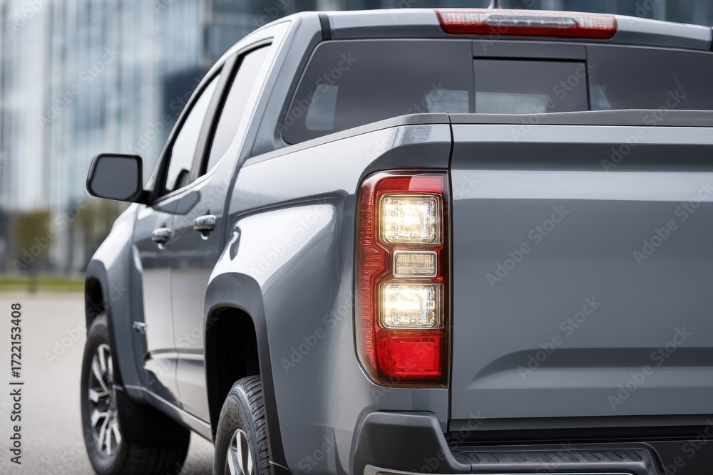 Fototapeta premium A detailed rear driver's side view of a gray pickup truck, showcasing its illuminated modern taillight design while parked outdoors.
