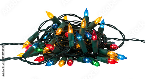 Tangled christmas lights isolated on transparent background, ready to decorate your home