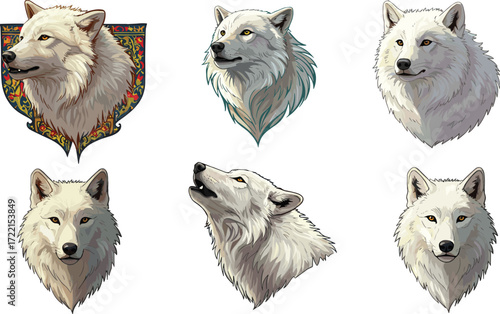 Artistic wolf head illustration set, expressive animal portraits, colorful and realistic styles, fur texture detail, character design, nature sketch, symbolic rendering