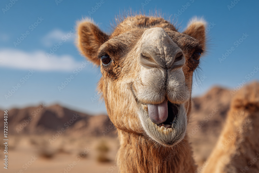 Fototapeta premium A funny camel sticking its tongue out in the desert a close up