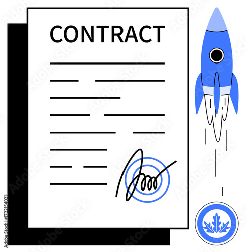 Contract document with signature and rocket illustrating success and business growth. Ideal for startup, innovation, agreement, partnership, entrepreneurship, vision, simple flat metaphor