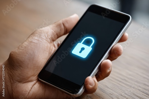 Wallpaper Mural Close-up of a hand holding a smartphone with a glowing blue padlock icon on its screen, symbolizing data security. Torontodigital.ca