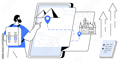 Backpacker planning route by viewing map with landmarks, points, and destination markers. Ideal for travel, exploration, goal setting, adventure, navigation, journey planning simple flat metaphor