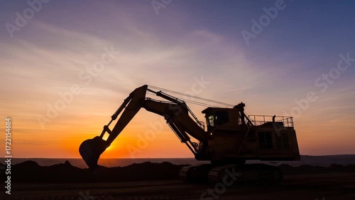 Wallpaper Mural Silhouette of Yellow Excavator on a Construction Site Against a Vibrant Orange Sunset Sky at Dusk with Purple Sky Torontodigital.ca