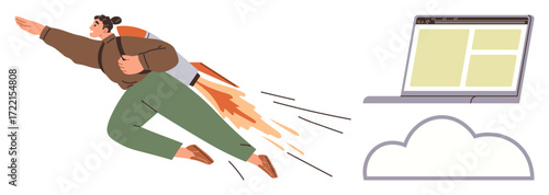 Individual launching with rocket backpack aimed at laptop above cloud representing adaptability, technology, progress, entrepreneurship, remote work, cloud computing, and innovation in a simple flat