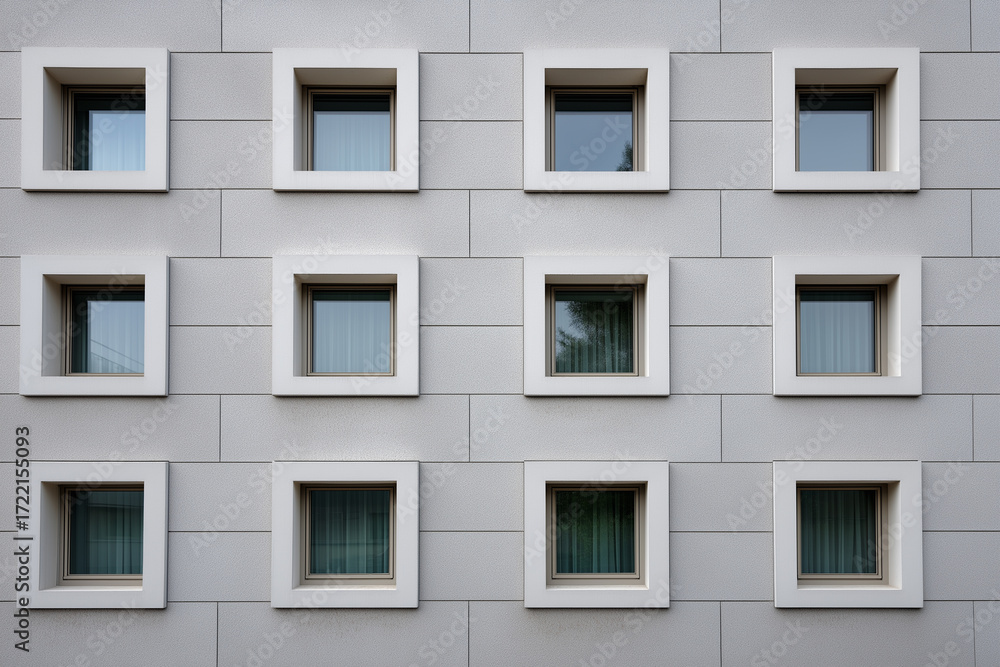 Obraz premium Symmetrical gray building facade with multiple square windows