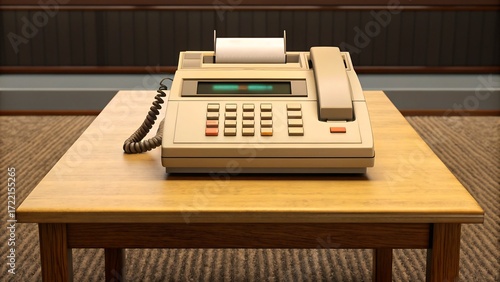 Vintage fax machine with telephone and paper roll on wooden office table
