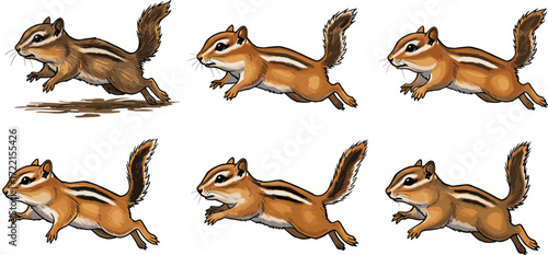 Cartoon chipmunk running sequence, wildlife vector illustration, sprinting rodent poses, nature animation design, cute clipart set, stock character motion