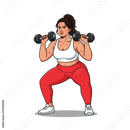 Focused curvy woman performing an intense squat for leg day strength