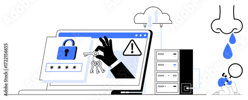 Hacking hand stealing keys, lock, and server icons, warning triangle, cloud, and leaking water. Ideal for data security, hacking, privacy threat vulnerability risk management digital protection
