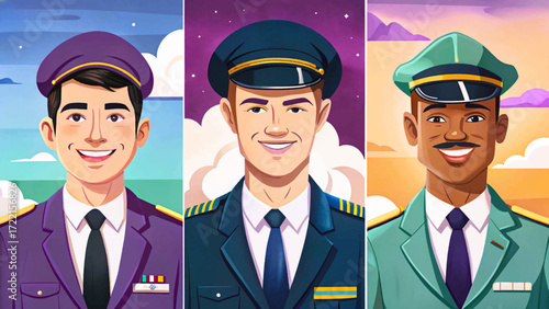 Cartoon vector of male pilots with uniforms, caps, aviation airplane crew illustration, professional travel staff characters.