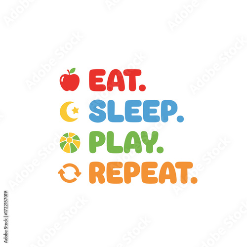 Colorful eat sleep play repeat design, perfect for childrens clothing, playroom decor, or educational materials