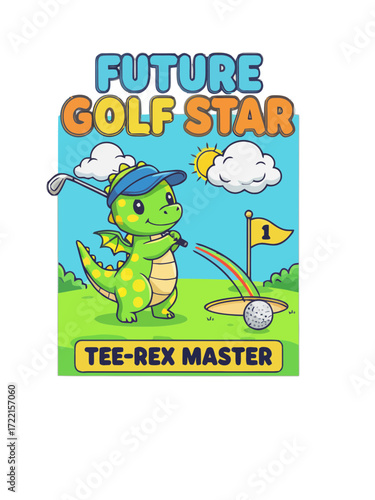 Future golf star teerex master a cute dinosaur playing golf, perfect for kids who love sports and prehistoric creatures