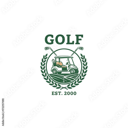 Golf logo featuring a golf cart surrounded by a laurel wreath, with the text golf and est 2000