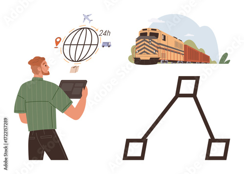 Man using a tablet to oversee logistics, globe with transport modes and clock for trade concepts, freight train, and process flow diagram. Ideal for supply chain, business planning, logistics