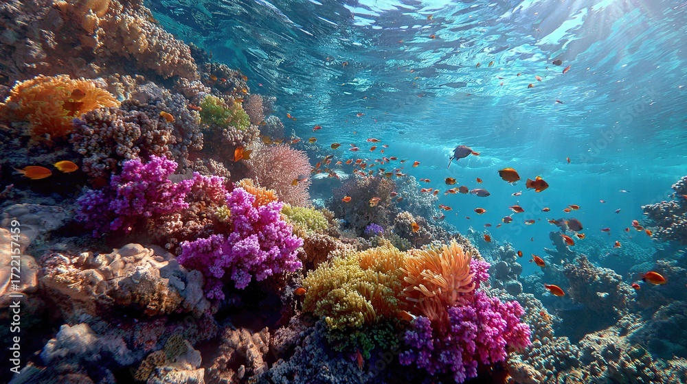 Obraz premium Underwater view of coral reef, featuring colorful corals and small fish swimming
