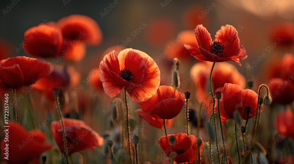 Fototapeta premium Red flowers field, blurred background