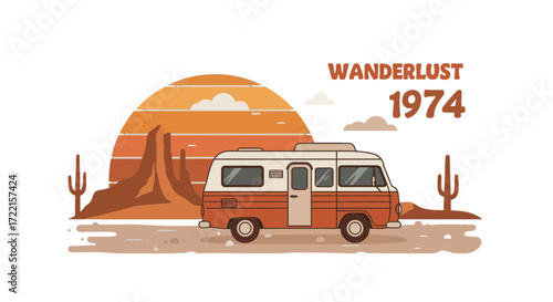 Retro wanderlust 1974 camper van illustration desert landscape, cacti, and sun create a vintage travel vibe for adventure