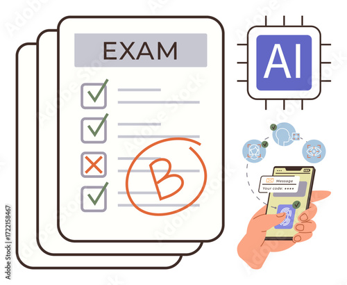 Graded exam sheet with check marks and grade B, AI chip, hand holding smartphone for automated analysis. Ideal for education, technology, automation, assessment, grading AI mobile learning. Simple