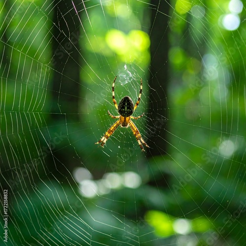 Spider in web, green forest background