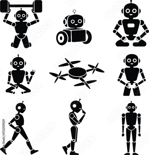 AI Robot Silhouette Icon Vector Collection Futuristic Robot and Android Silhouette Set