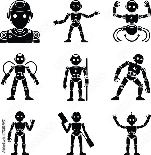 AI Robot Silhouette Icon Vector Collection Futuristic Robot and Android Silhouette Set