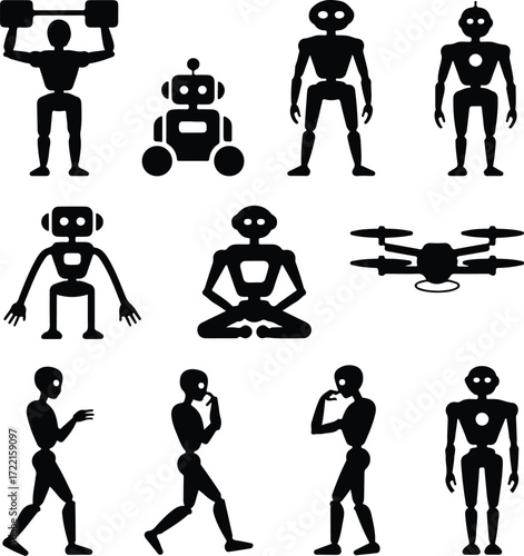 AI Robot Silhouette Icon Vector Collection Futuristic Robot and Android Silhouette Set