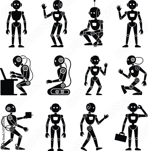 AI Robot Silhouette Icon Vector Collection Futuristic Robot and Android Silhouette Set