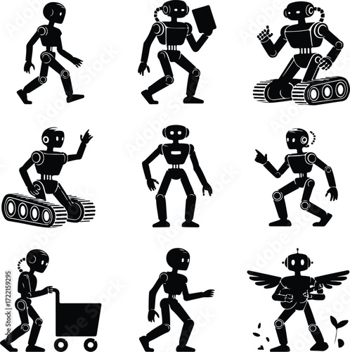 AI Robot Silhouette Icon Vector Collection Futuristic Robot and Android Silhouette Set