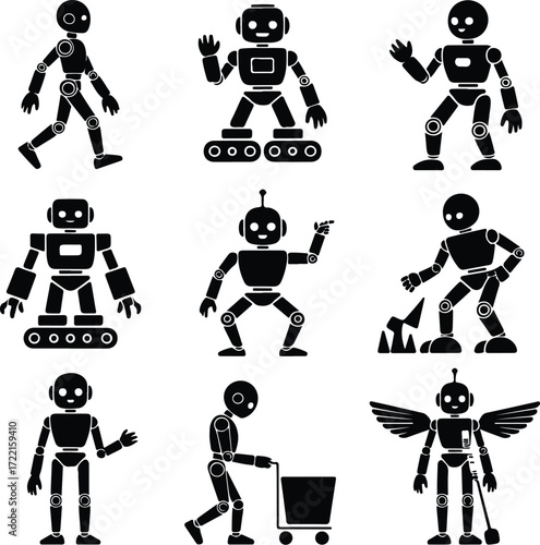 AI Robot Silhouette Icon Vector Collection Futuristic Robot and Android Silhouette Set