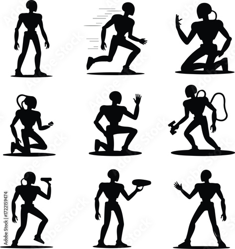 AI Robot Silhouette Icon Vector Collection Futuristic Robot and Android Silhouette Set