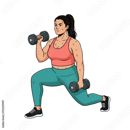 Strong curvy woman doing a full-body workout with lunges and curls