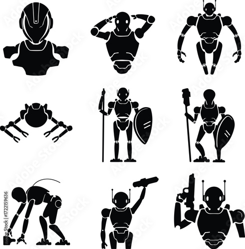 AI Robot Silhouette Icon Vector Collection Futuristic Robot and Android Silhouette Set