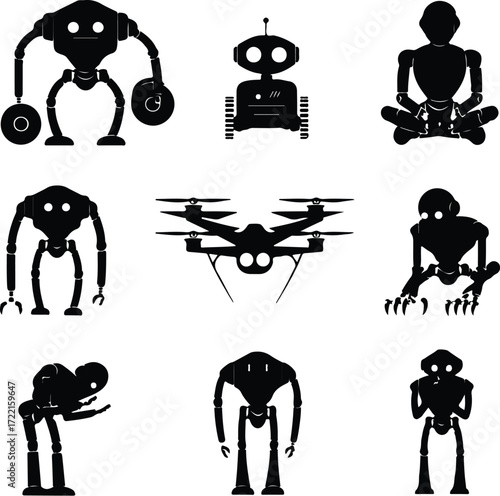 AI Robot Silhouette Icon Vector Collection Futuristic Robot and Android Silhouette Set