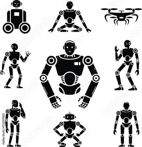 AI Robot Silhouette Icon Vector Collection Futuristic Robot and Android Silhouette Set