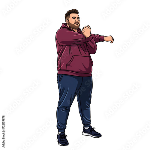 lus-size man in a hoodie stretching his arm before a workout routine