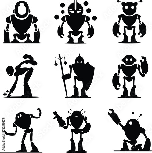 AI Robot Silhouette Icon Vector Collection Futuristic Robot and Android Silhouette Set