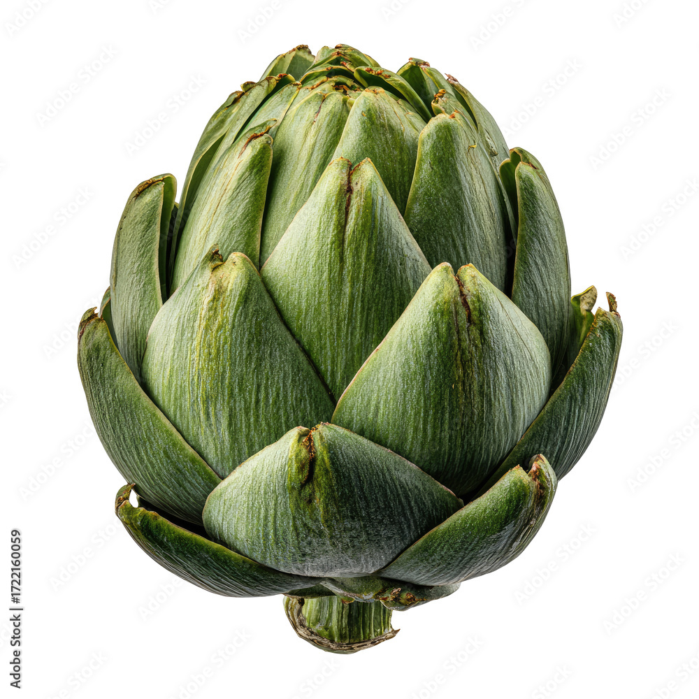 Naklejka premium Close-up of a fresh artichoke head. Green, textured leaves tightly clustered. Dark background isolates the vegetable
