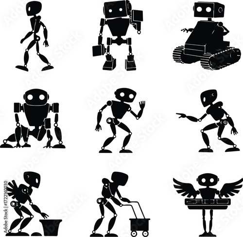 AI Robot Silhouette Icon Vector Collection Futuristic Robot and Android Silhouette Set