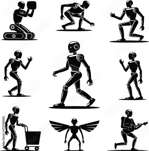 AI Robot Silhouette Icon Vector Collection Futuristic Robot and Android Silhouette Set
