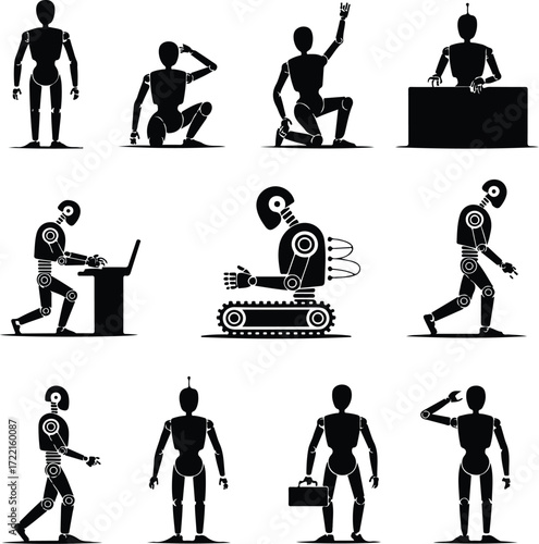 AI Robot Silhouette Icon Vector Collection Futuristic Robot and Android Silhouette Set