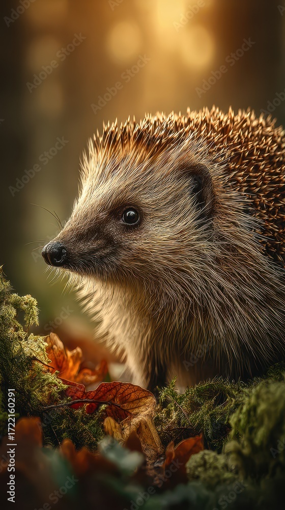 Fototapeta premium Hedgehog foraging in a sunlit forest