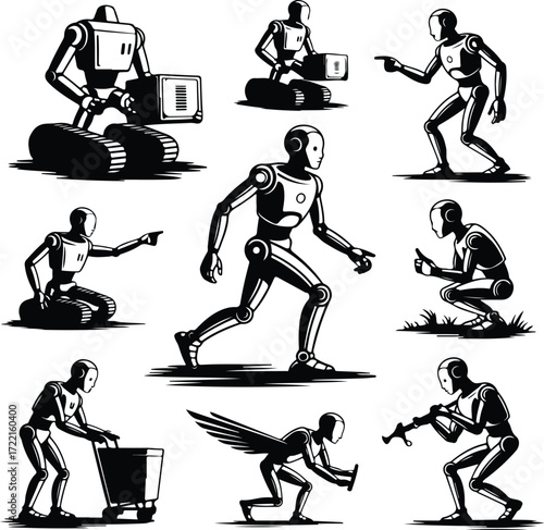 AI Robot Silhouette Icon Vector Collection Futuristic Robot and Android Silhouette Set