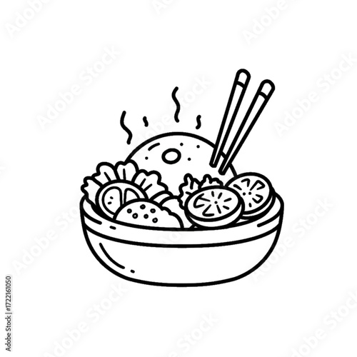 Rice bowl Doodle style Asian cuisine with chopsticks and vegetables healthy eating